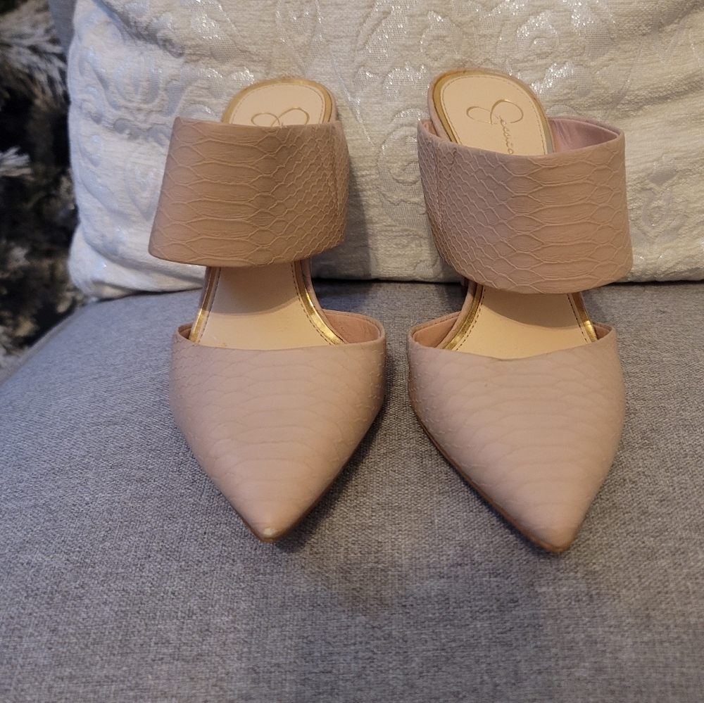 Jessica Simpson Taupe Pointed Toe Mules with Gold Trim - Picture 2 of 6